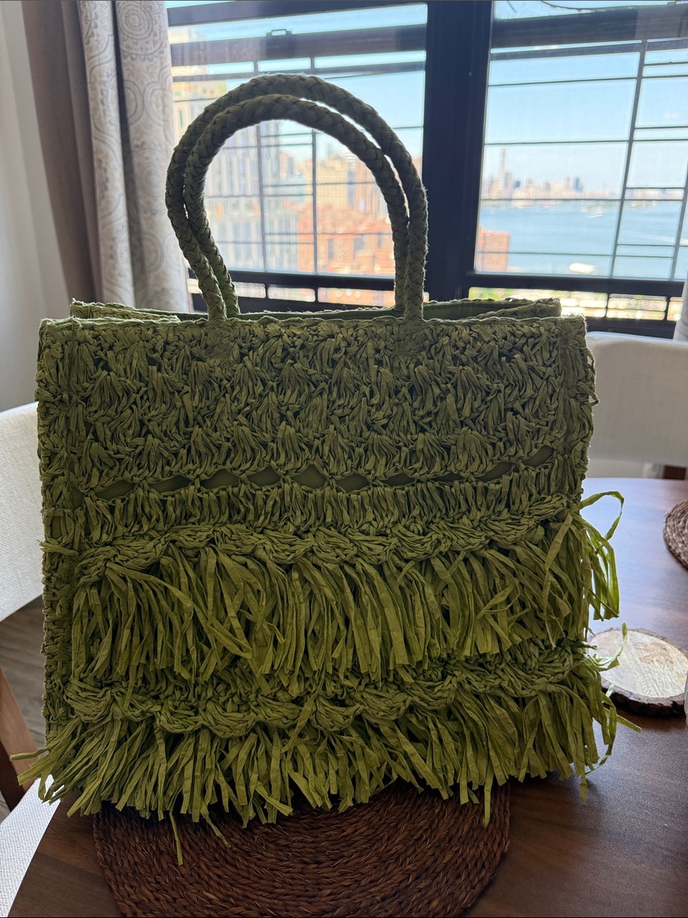Olive Green Woven Fringe Tote Bag - Women
